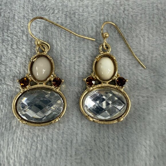 Gold-Tone Dangle Earrings With Faceted Clear & Cream Stones Pierced Womens - Picture 10 of 13